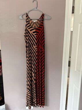 LOFT Red and Tan Striped Sleeveless Maxi Dress
